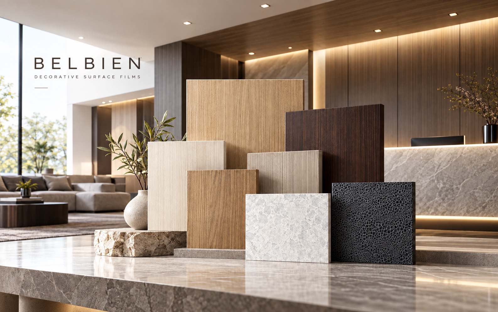Belbien 木紋、石紋與抽象紋理裝飾膜材質展示情境