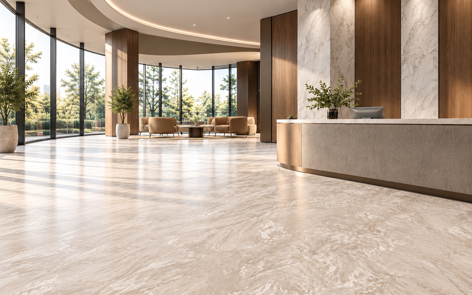 Polyflor XL PU 暖調大理石紋地坪大廳應用情境